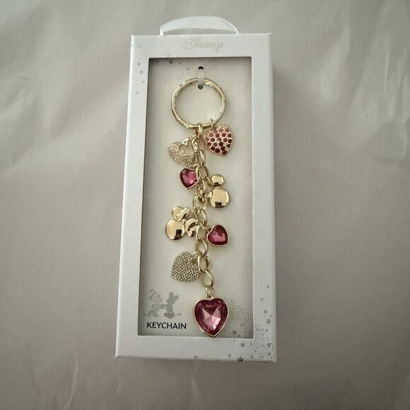 Disney Minnie Mouse Love Pink Rhinestone Hearts Key Chain Bag Charm New - Picture 1 of 4
